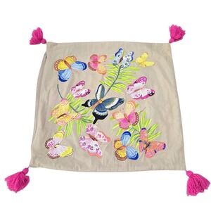 Magaschoni Home Embroidered Butterfly Pillow Tan Pink Tassels 20x20